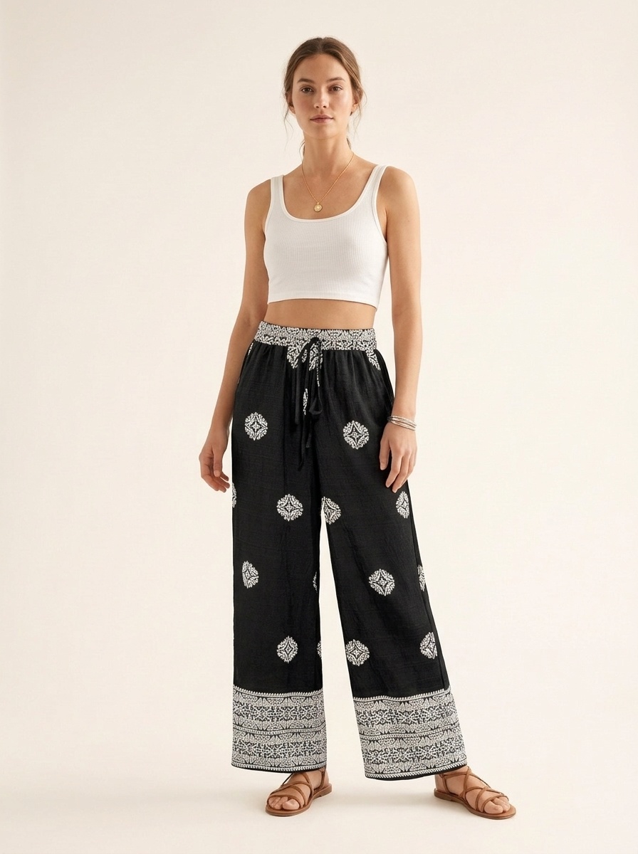 Pantalon palazzo large brodé style bohème