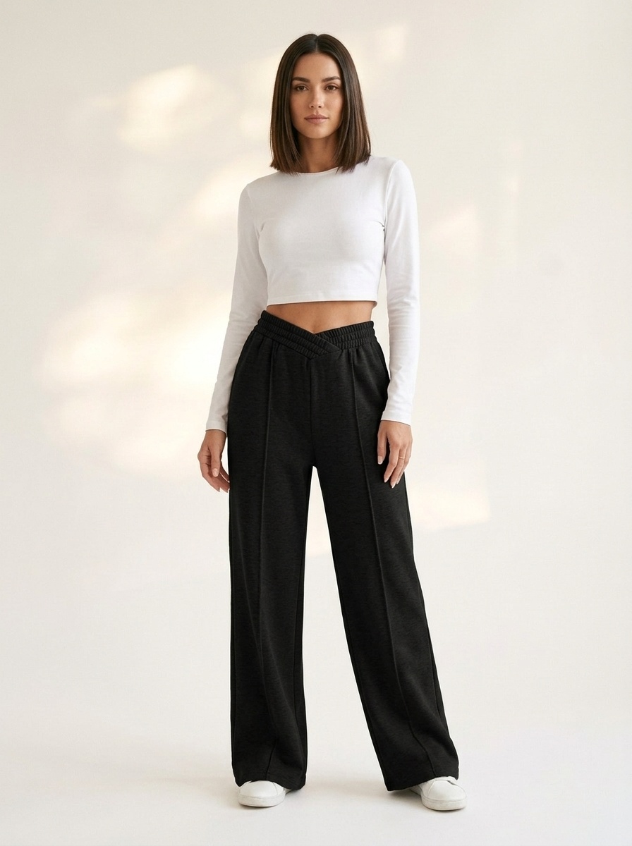 Pantalon de survêtement à jambes larges et col en V - Pantalon de détente confortable