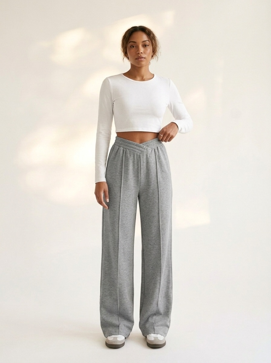 Pantalon de survêtement à jambes larges et col en V - Pantalon de détente confortable