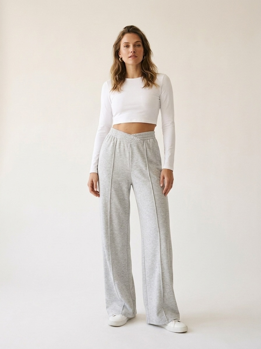 Pantalon de survêtement à jambes larges et col en V - Pantalon de détente confortable