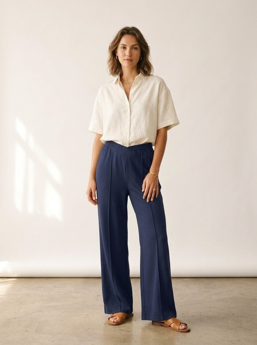 Pantalon de survêtement à jambes larges et col en V - Pantalon de détente confortable