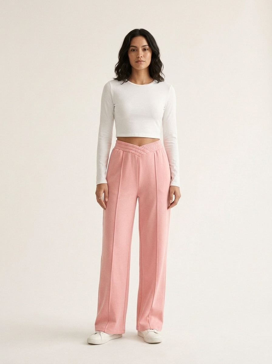 Pantalon de survêtement à jambes larges et col en V - Pantalon de détente confortable