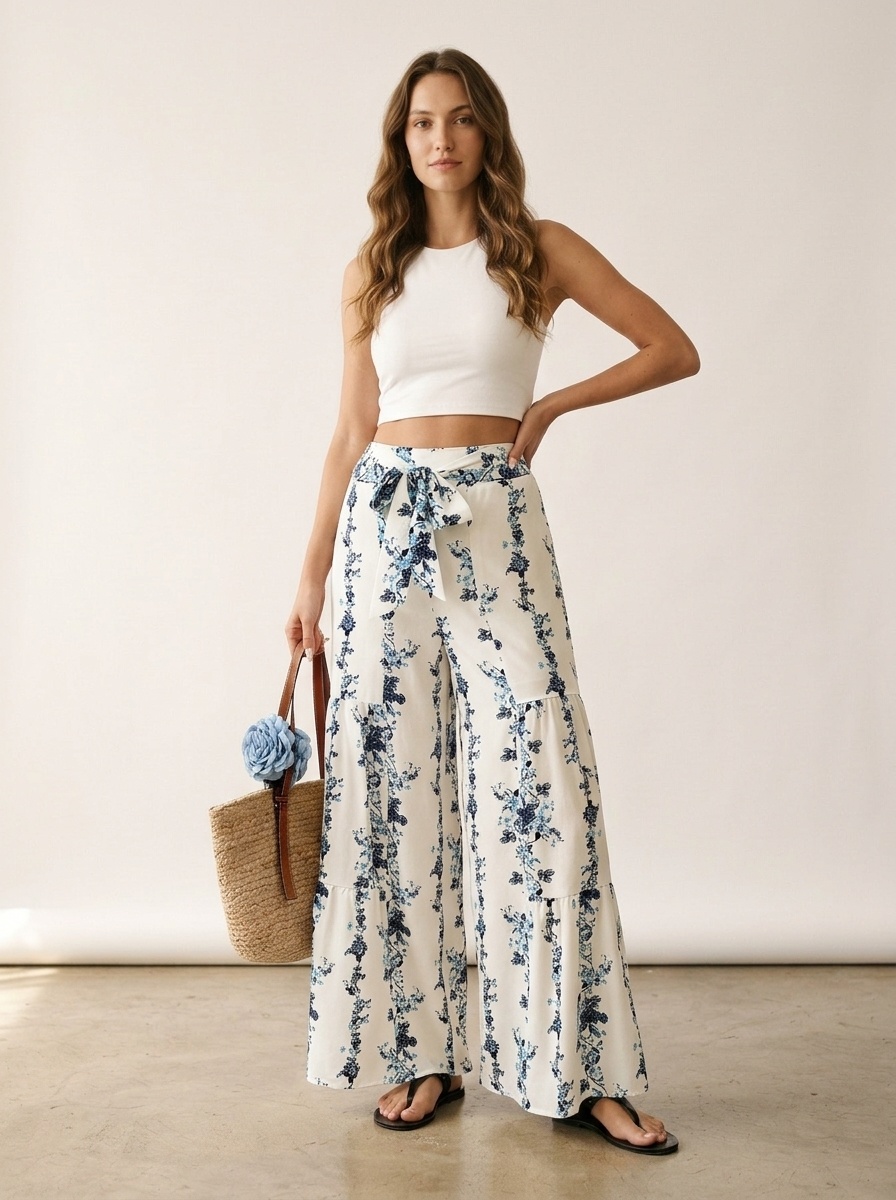 Pantalones palazzo de mujer con estampado floral, talle alto y pierna ancha.