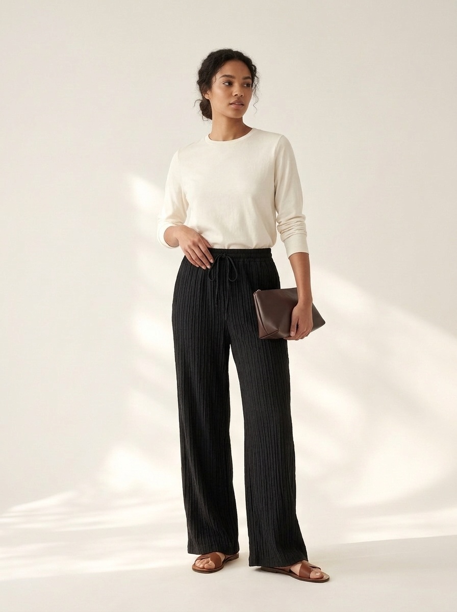 Pantalon de détente côtelé à jambes larges et cordon de serrage pour femme