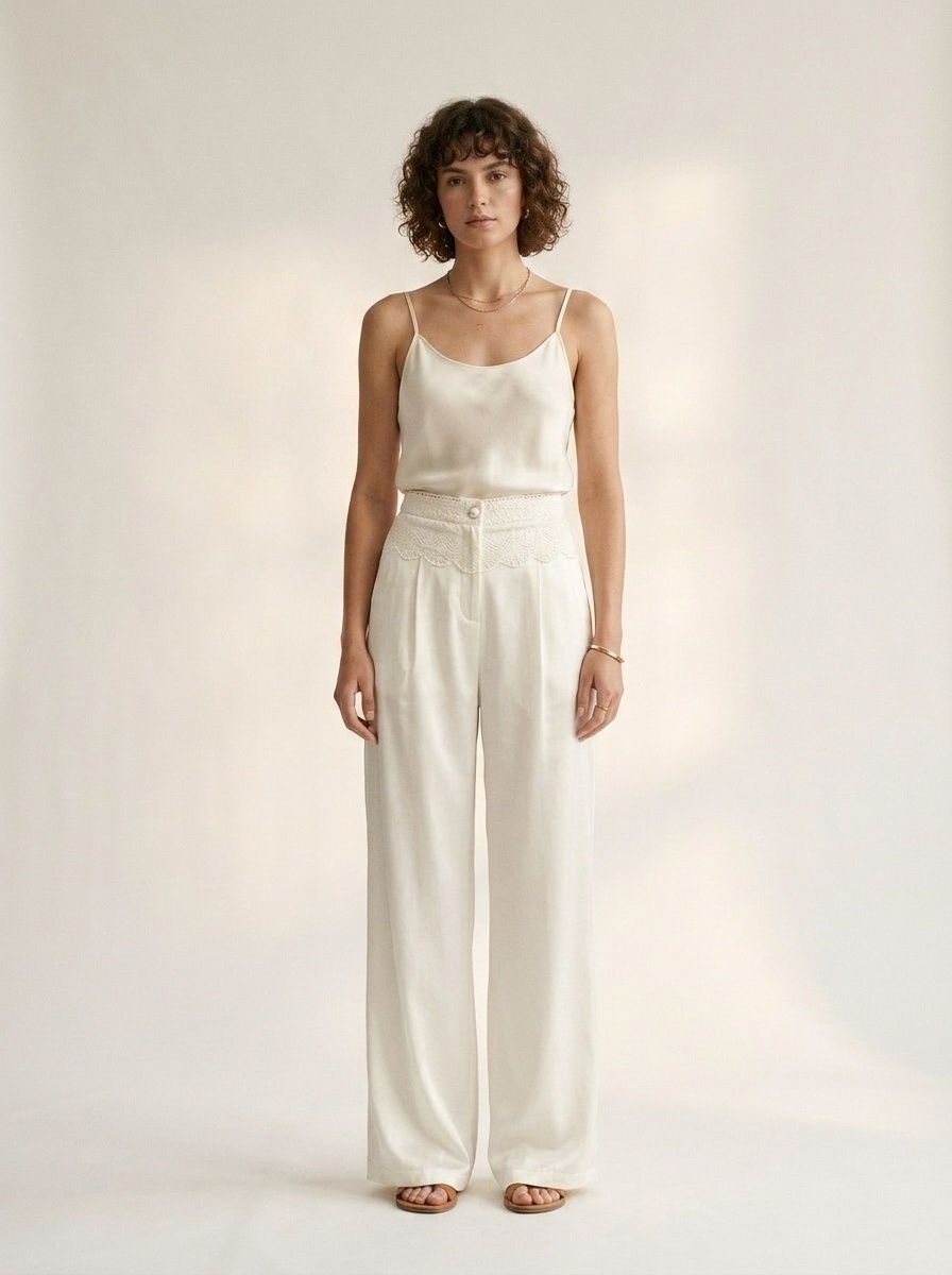 Elegant High Waist Wide Leg Satin Pants with Lace Trim