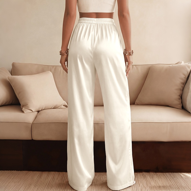 Elegant High Waist Wide Leg Satin Pants with Lace Trim