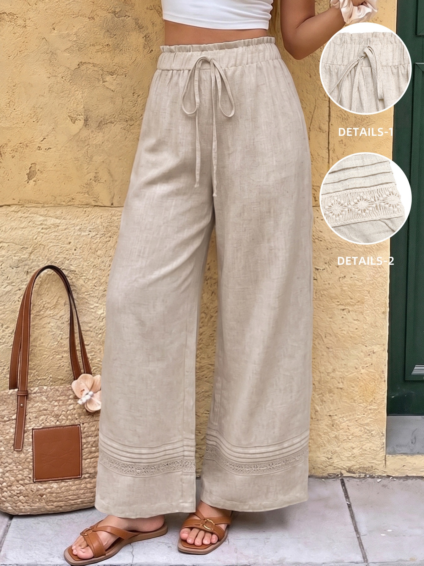 Pantalon à jambes larges et cordon de serrage pour femme, en lin mélangé beige
