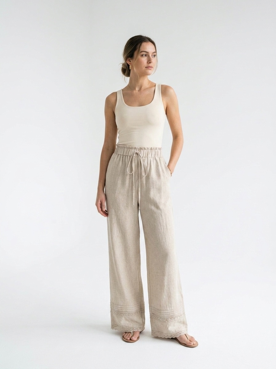 Pantalon à jambes larges et cordon de serrage pour femme, en lin mélangé beige