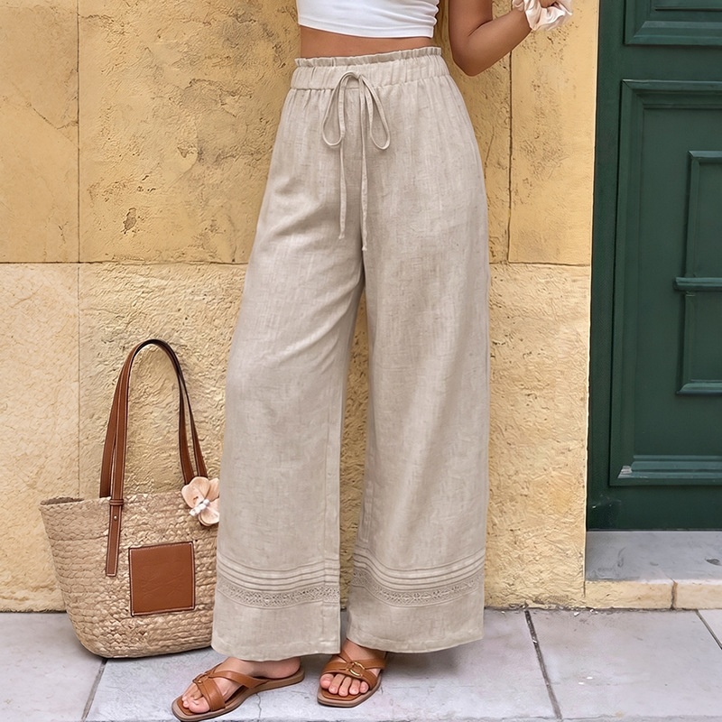 Pantalon à jambes larges et cordon de serrage pour femme, en lin mélangé beige