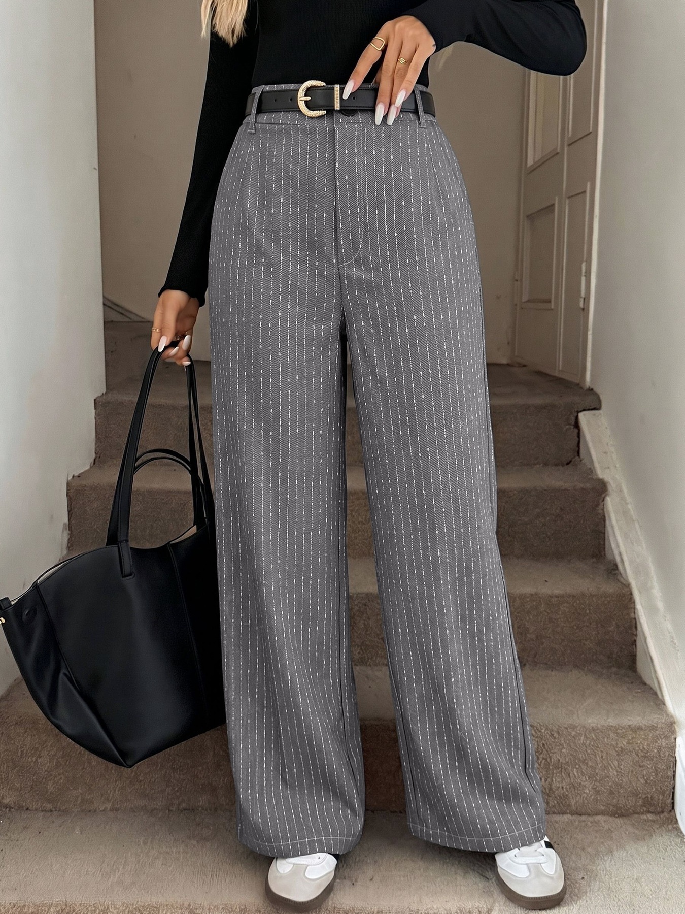 Women's Grey Pinstripe Wide Leg Trousers