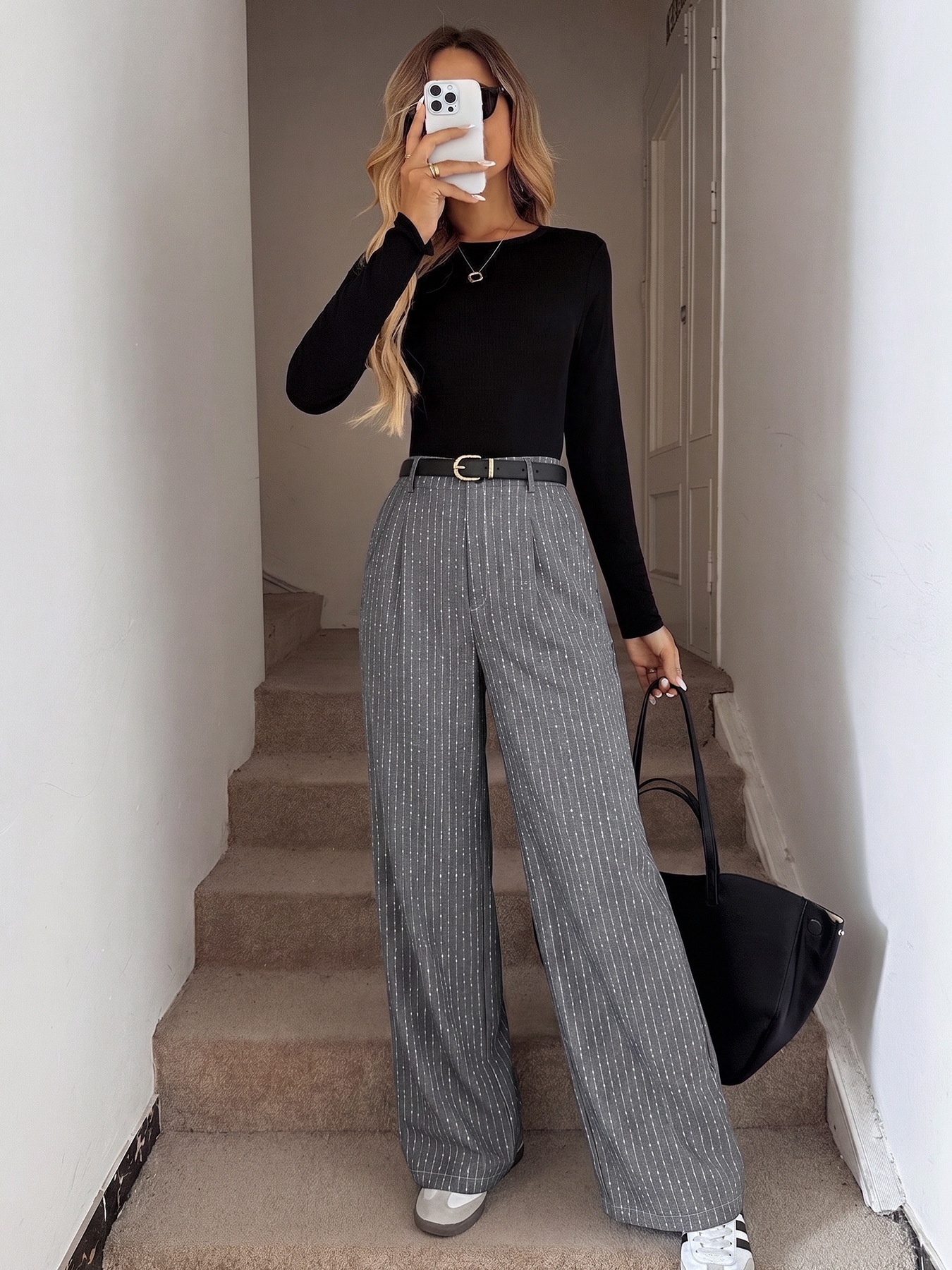 Women's Grey Pinstripe Wide Leg Trousers