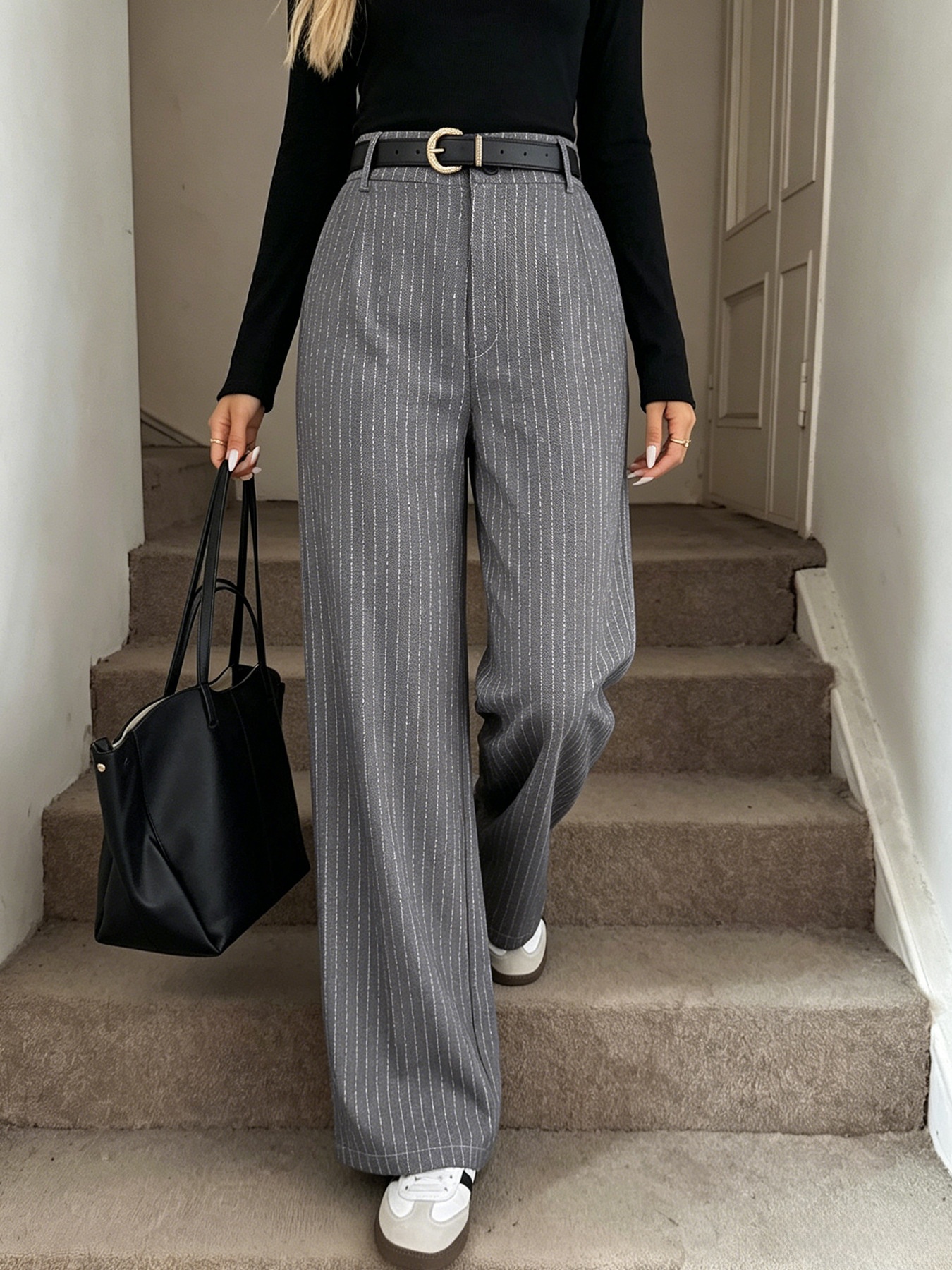 Women's Grey Pinstripe Wide Leg Trousers