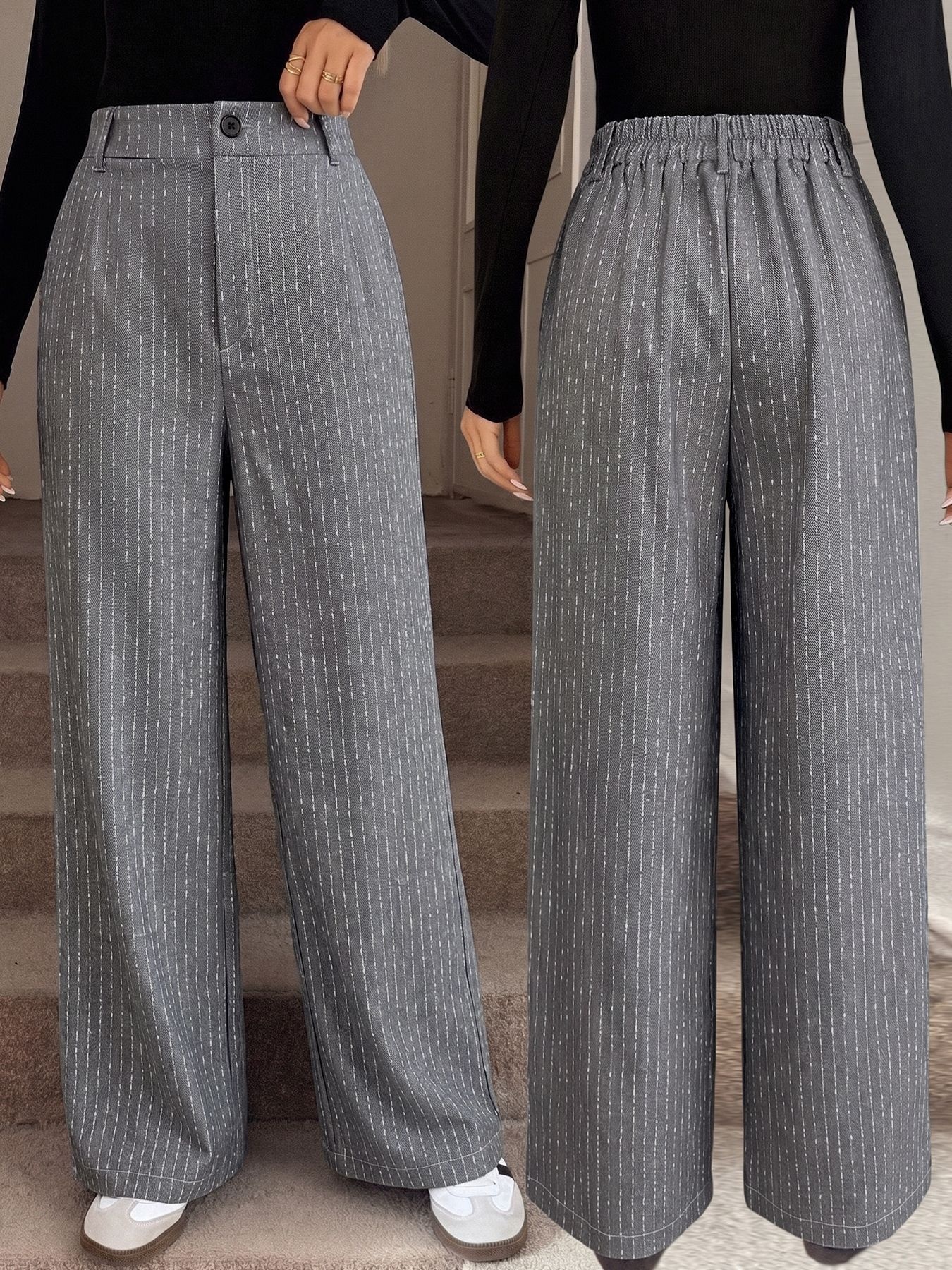Women's Grey Pinstripe Wide Leg Trousers