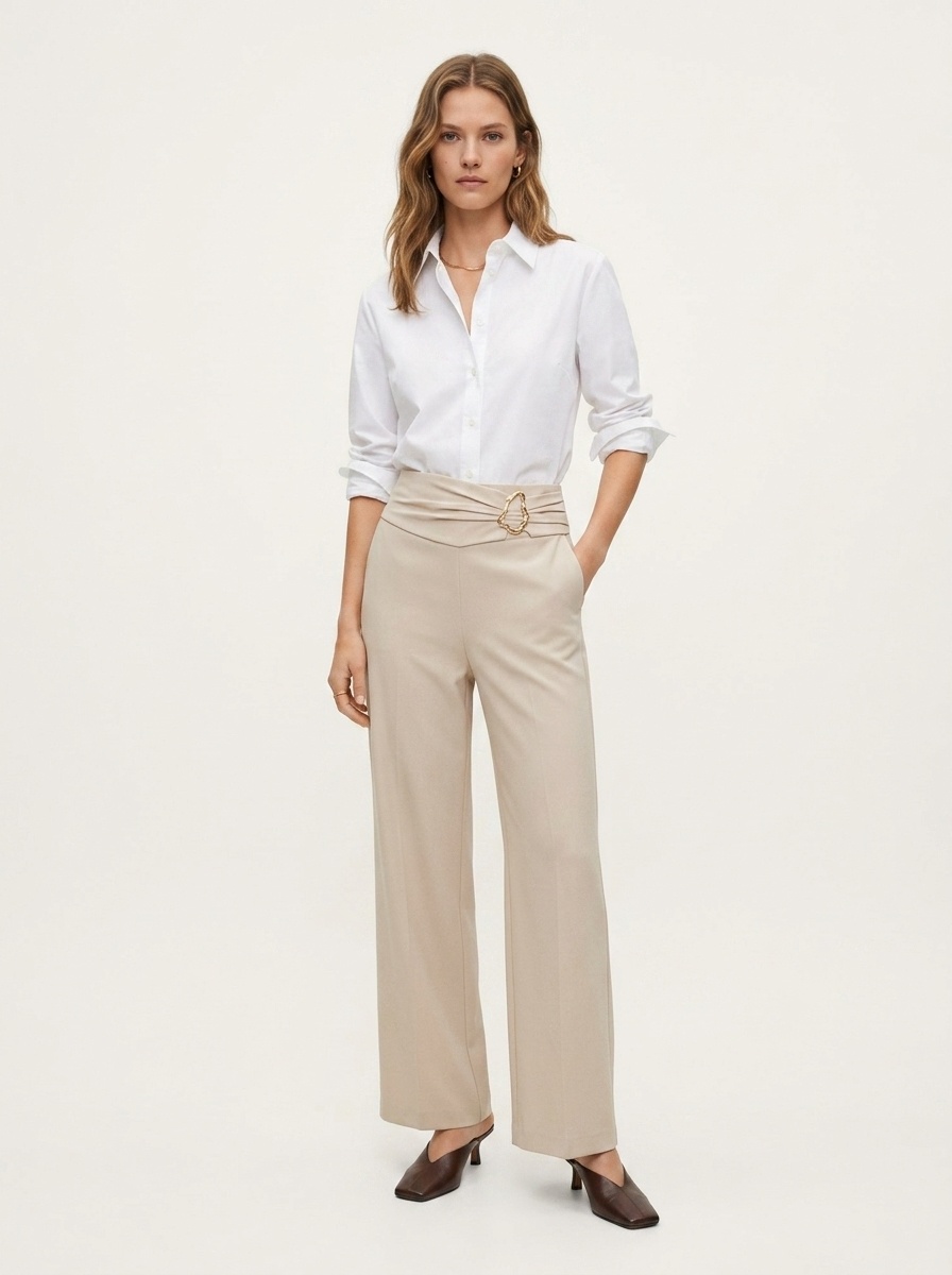 Women's High Waist Wide Leg Trousers with Buckle