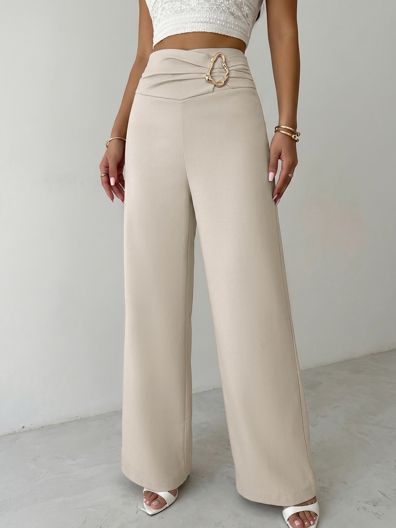 Women's High Waist Wide Leg Trousers with Buckle