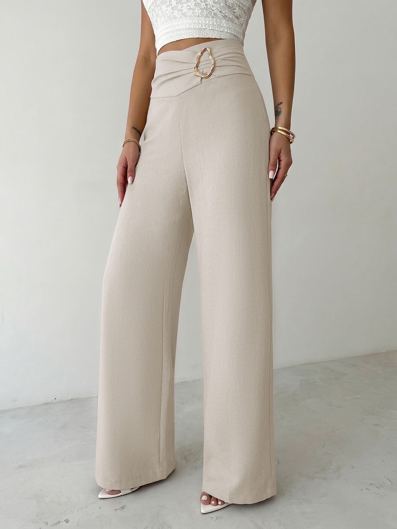 Women's High Waist Wide Leg Trousers with Buckle