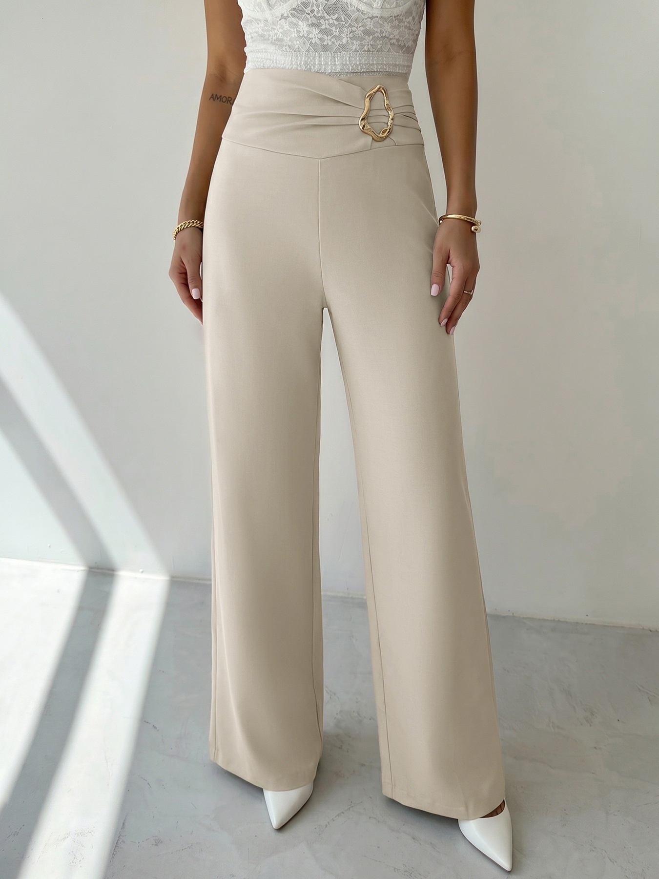 Women's High Waist Wide Leg Trousers with Buckle