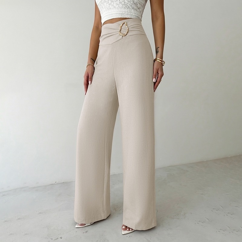Women's High Waist Wide Leg Trousers with Buckle