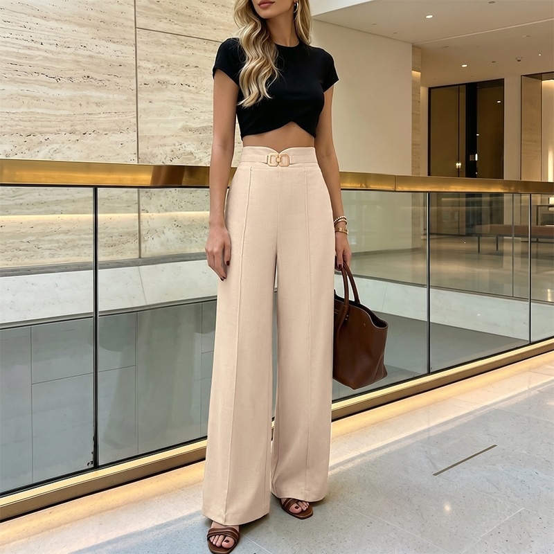 High Waist Wide Leg Trousers with Buckle Accent