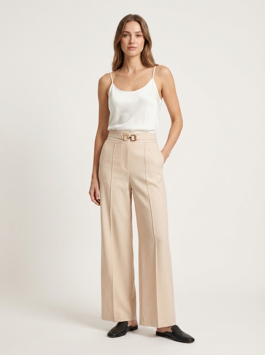 High Waist Wide Leg Trousers with Buckle Accent