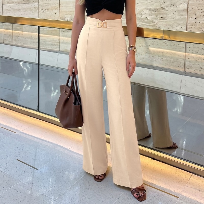 High Waist Wide Leg Trousers with Buckle Accent