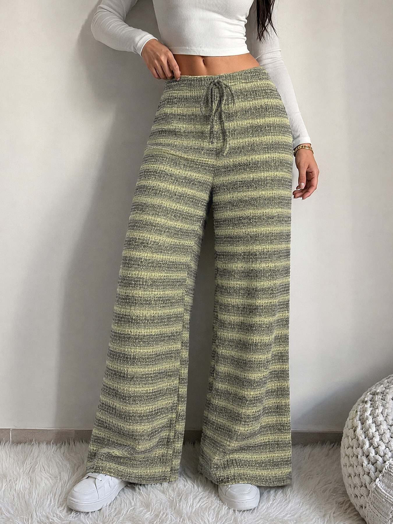 Striped Knit Wide-Leg Lounge Pants