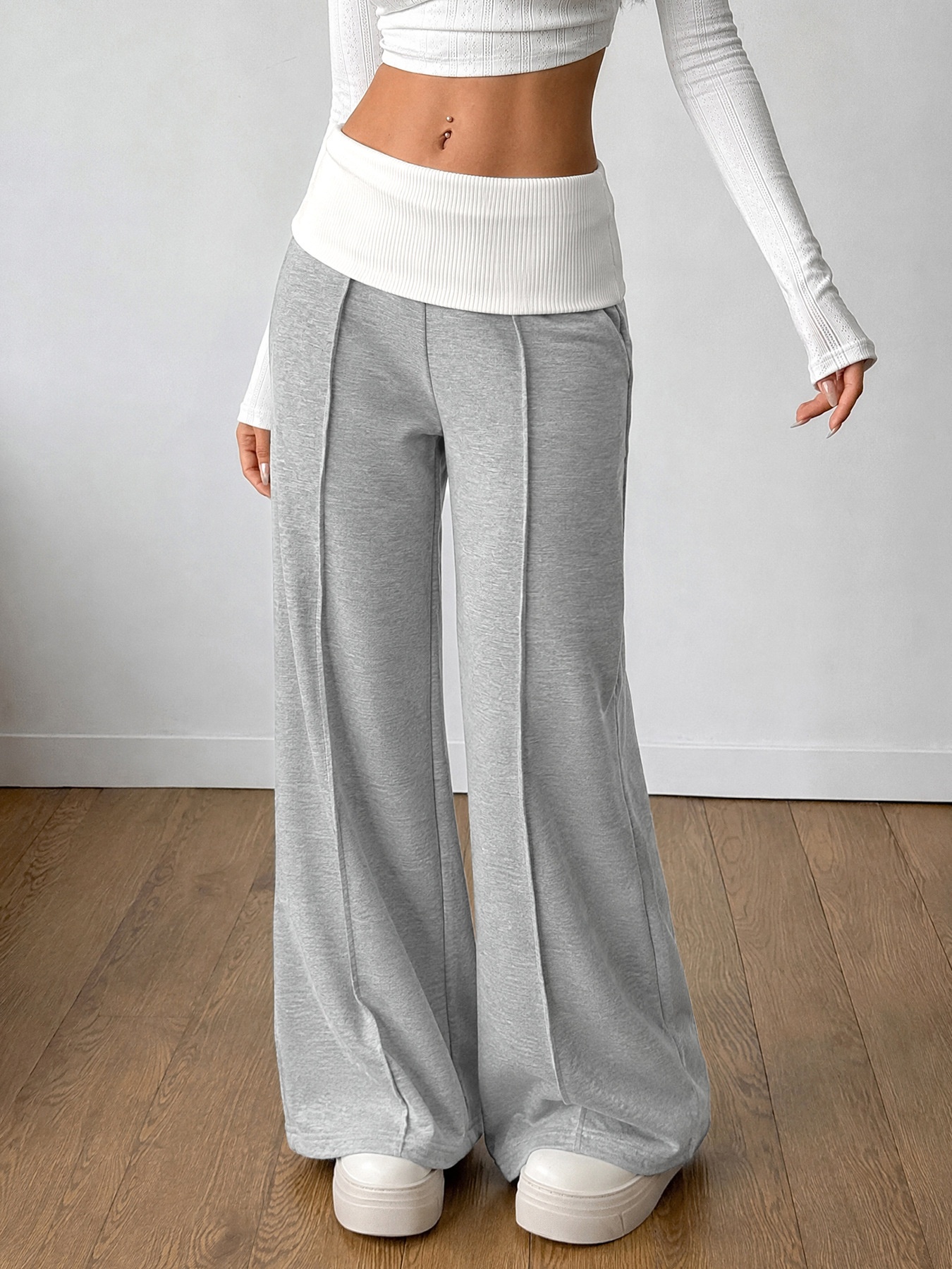 Women's Grey Foldover Waist Wide Leg Pants