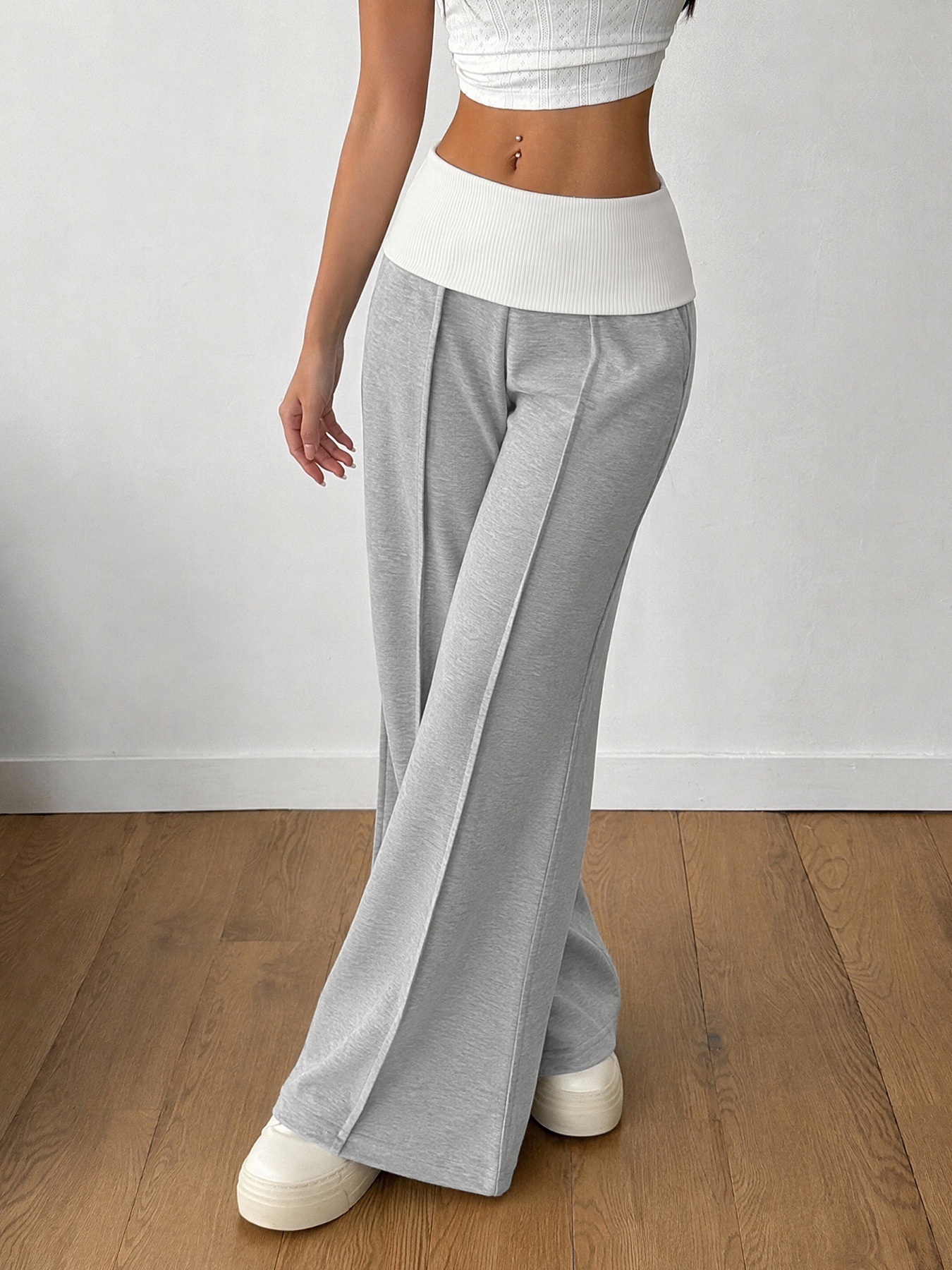 Women's Grey Foldover Waist Wide Leg Pants