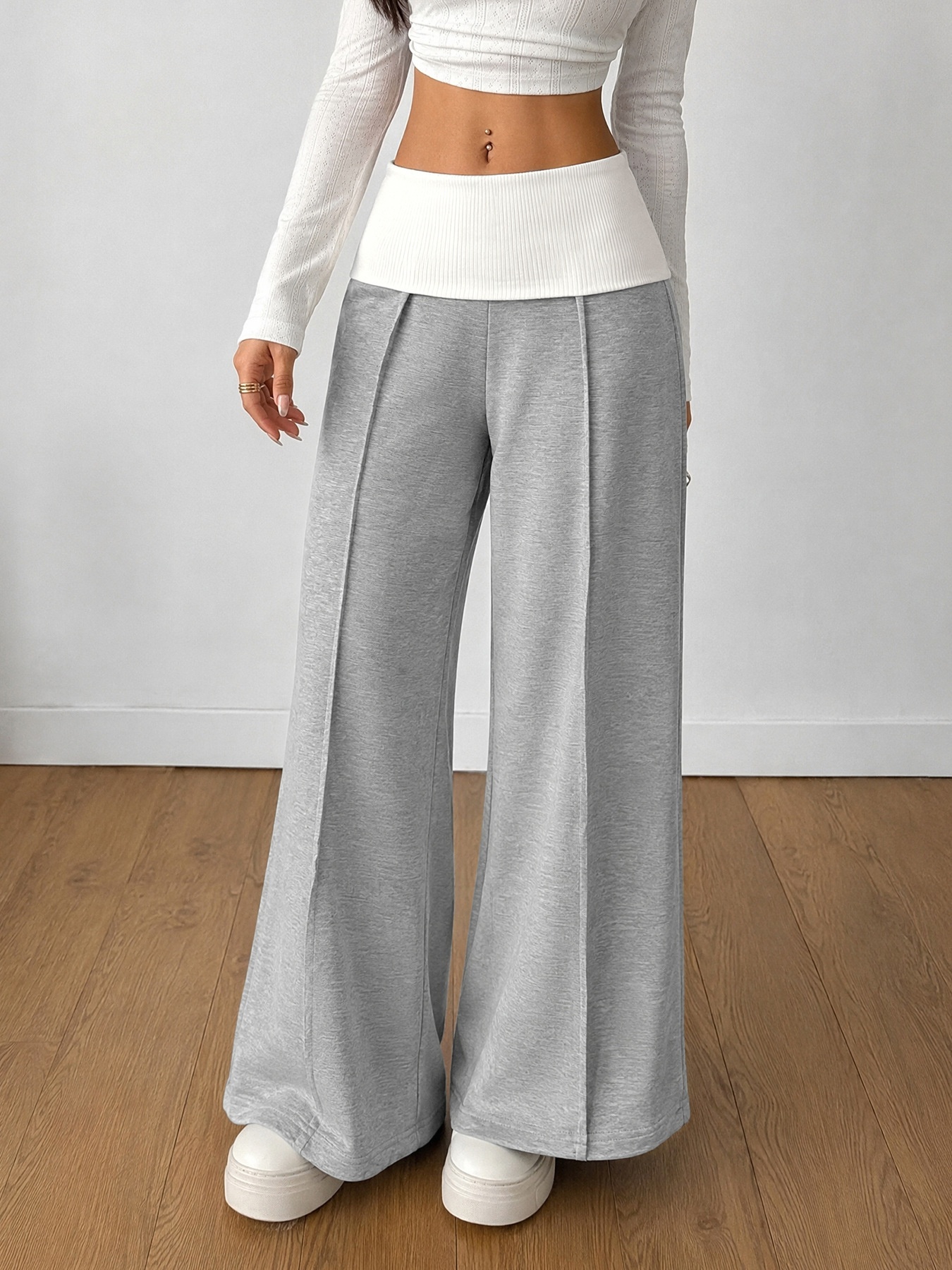 Women's Grey Foldover Waist Wide Leg Pants