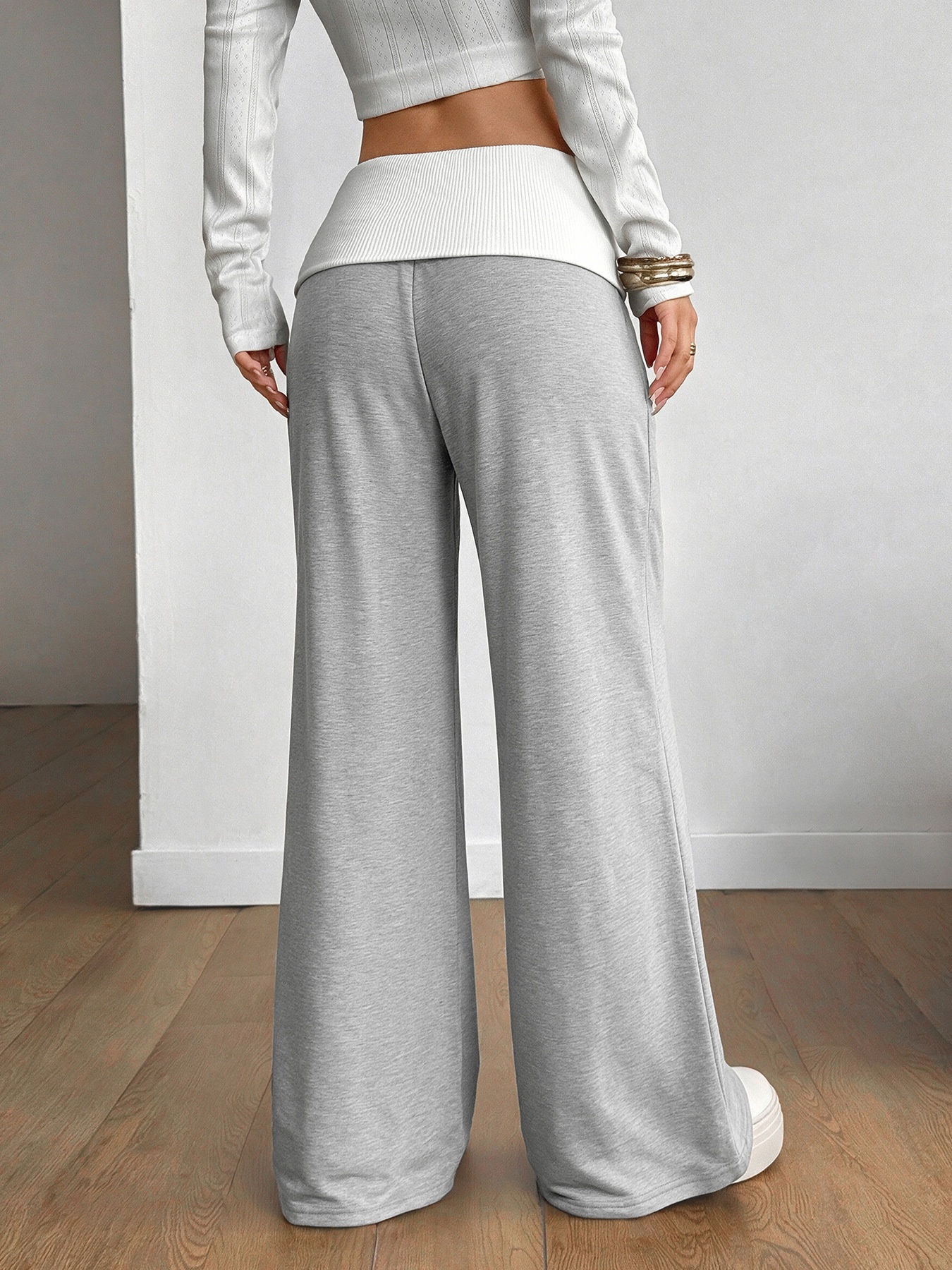 Women's Grey Foldover Waist Wide Leg Pants