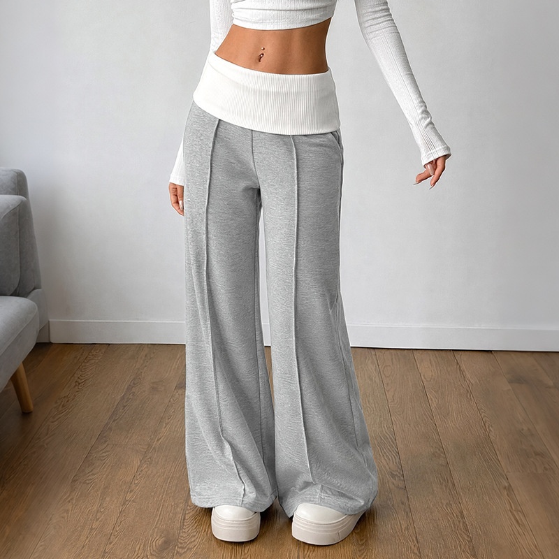 Women's Grey Foldover Waist Wide Leg Pants