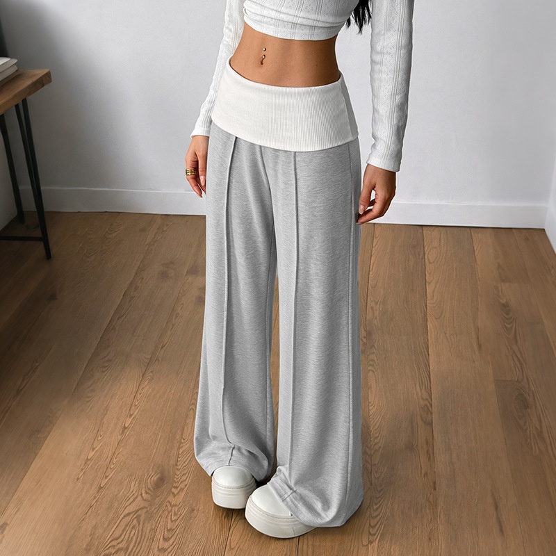Women's Grey Foldover Waist Wide Leg Pants
