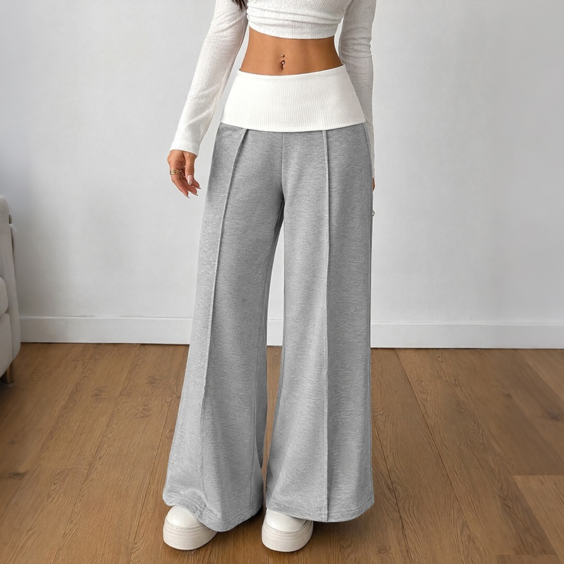 Women's Grey Foldover Waist Wide Leg Pants