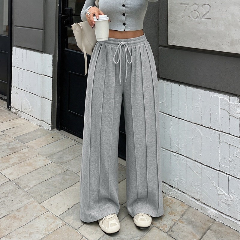 Women's Grey Pleated Wide Leg Drawstring Sweatpants