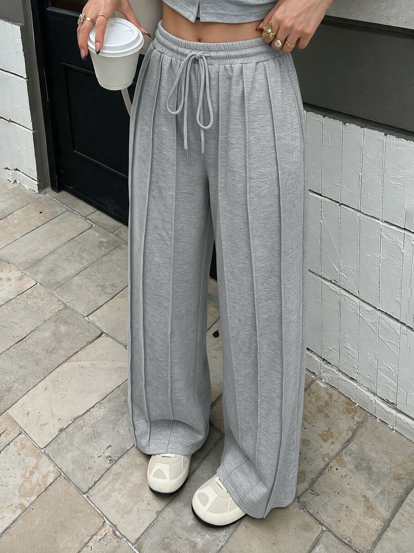 Women's Grey Pleated Wide Leg Drawstring Sweatpants