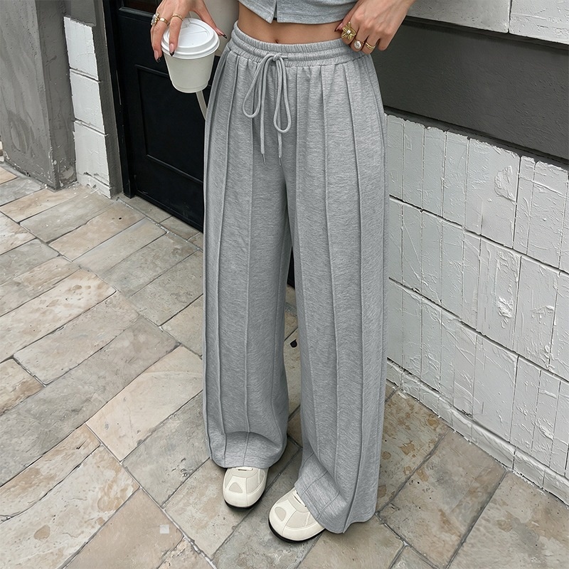 Women's Grey Pleated Wide Leg Drawstring Sweatpants
