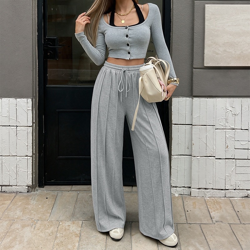 Women's Grey Pleated Wide Leg Drawstring Sweatpants