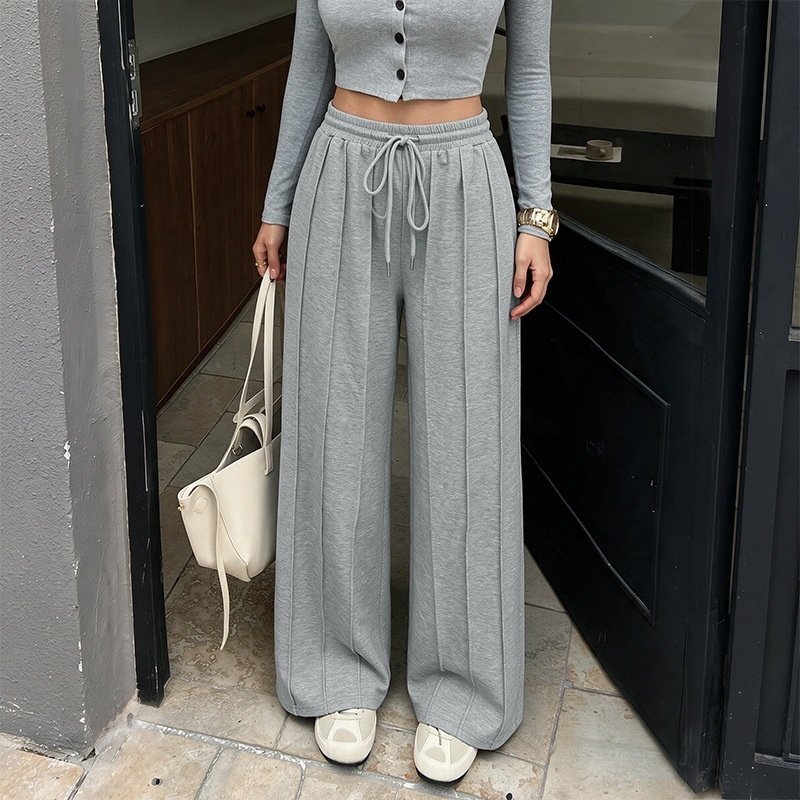 Women's Grey Pleated Wide Leg Drawstring Sweatpants