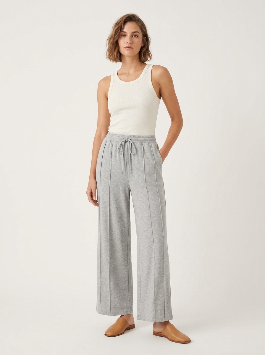 Women's Grey Pleated Wide Leg Drawstring Sweatpants