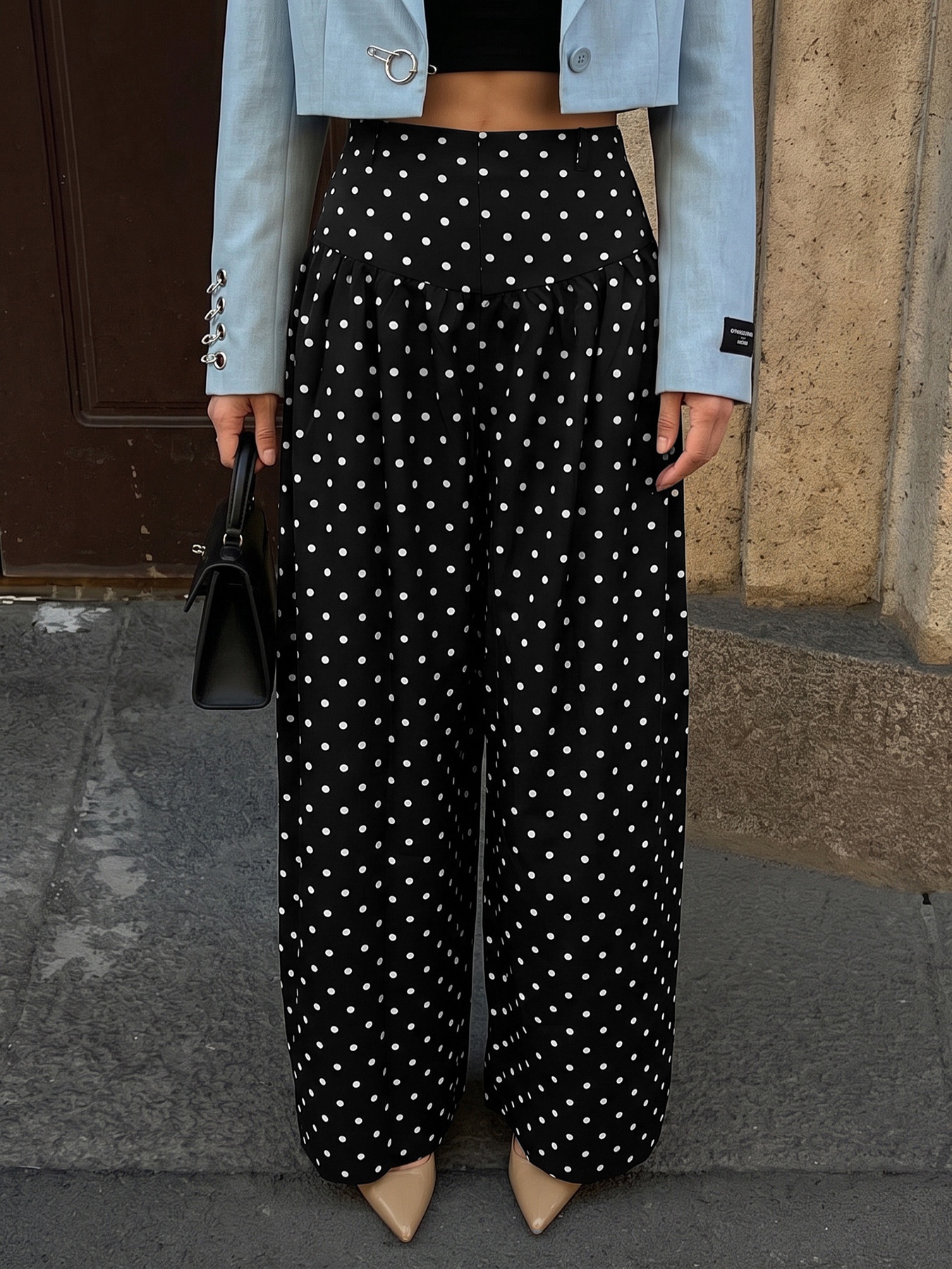 Black Polka Dot High-Waist Wide-Leg Pants