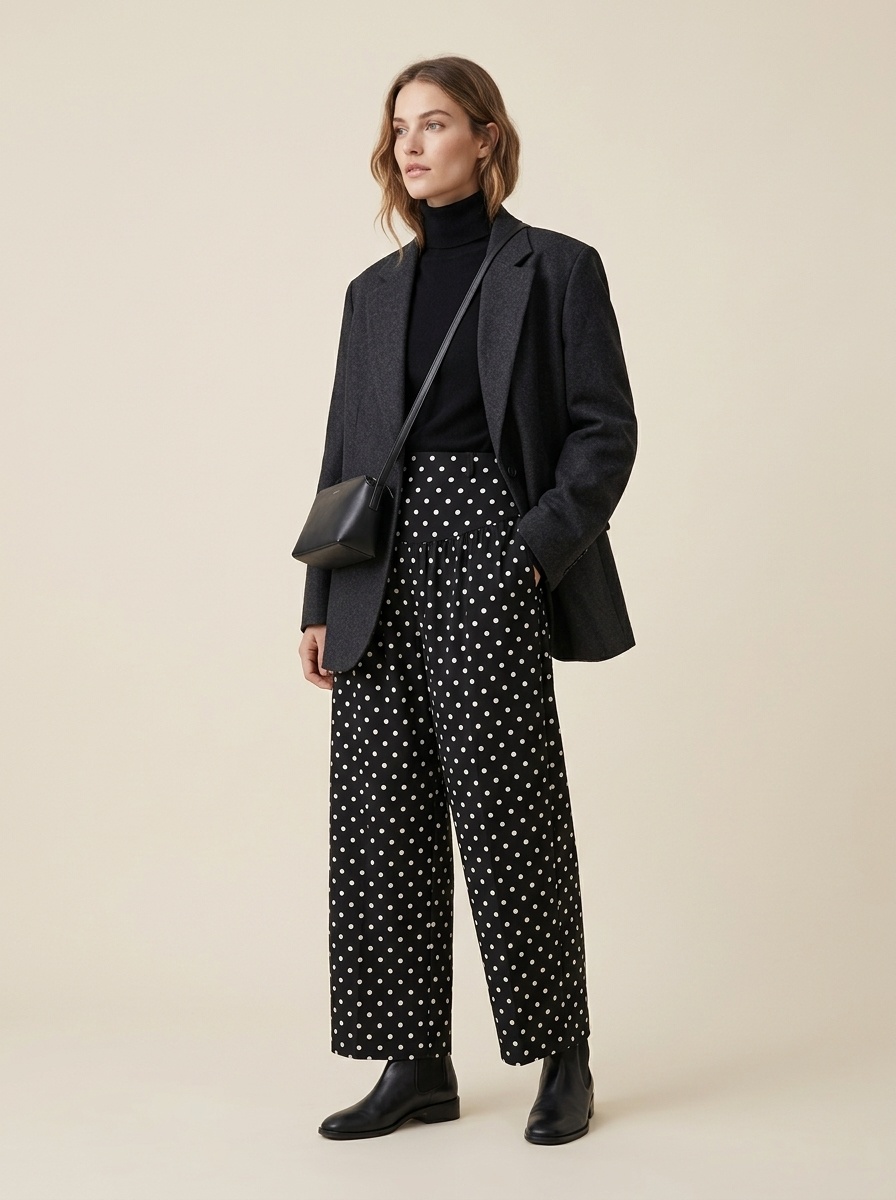 Black Polka Dot High-Waist Wide-Leg Pants