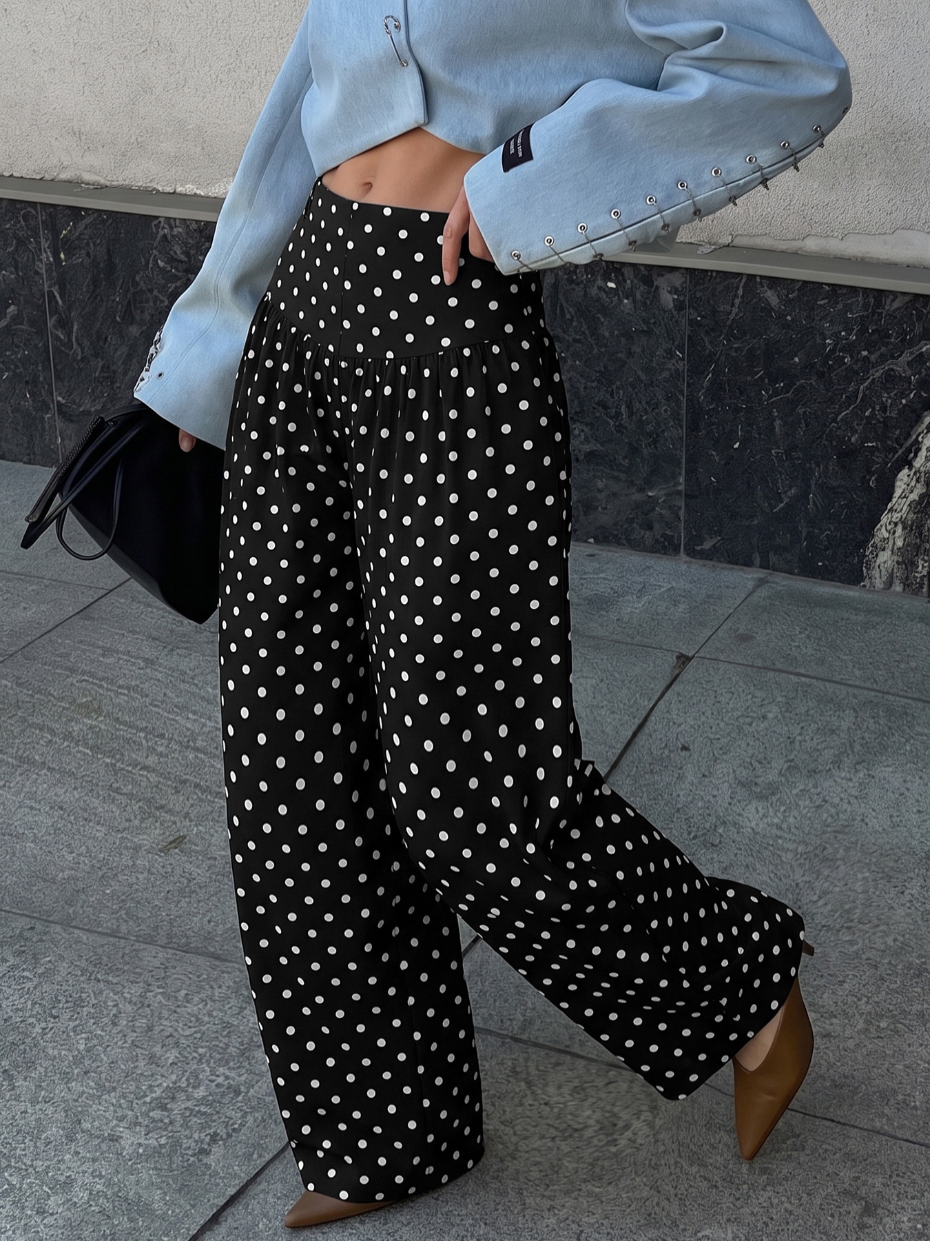 Black Polka Dot High-Waist Wide-Leg Pants