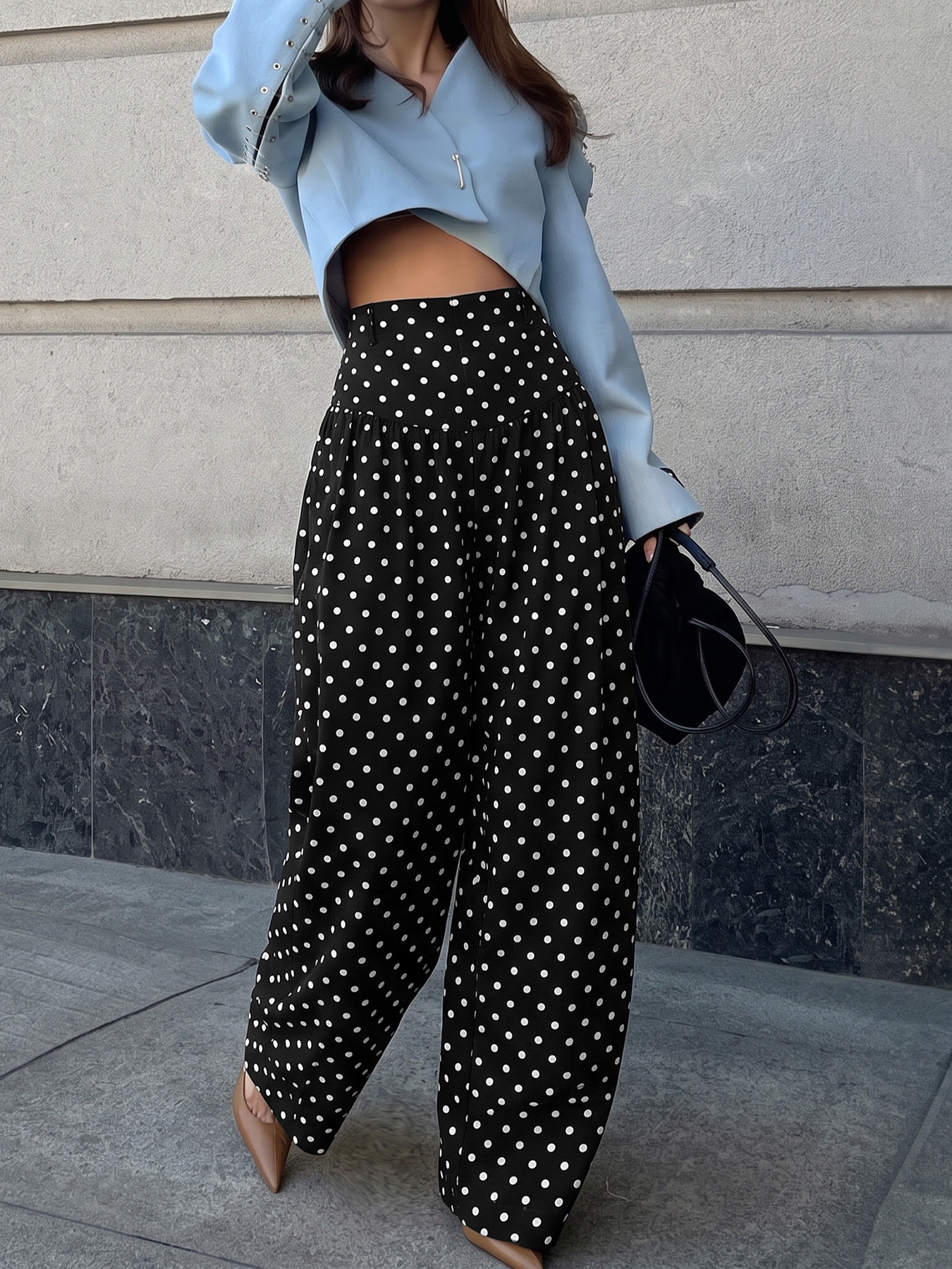 Black Polka Dot High-Waist Wide-Leg Pants