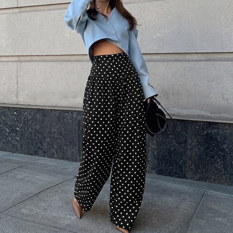 Black Polka Dot High-Waist Wide-Leg Pants