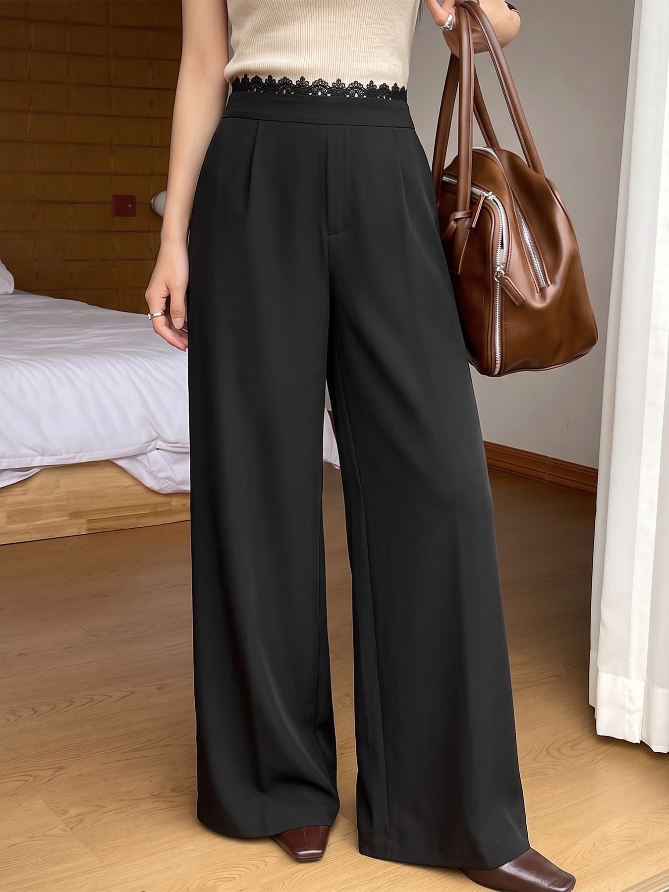 Women's High Waist Lace Trim Wide Leg Trousers