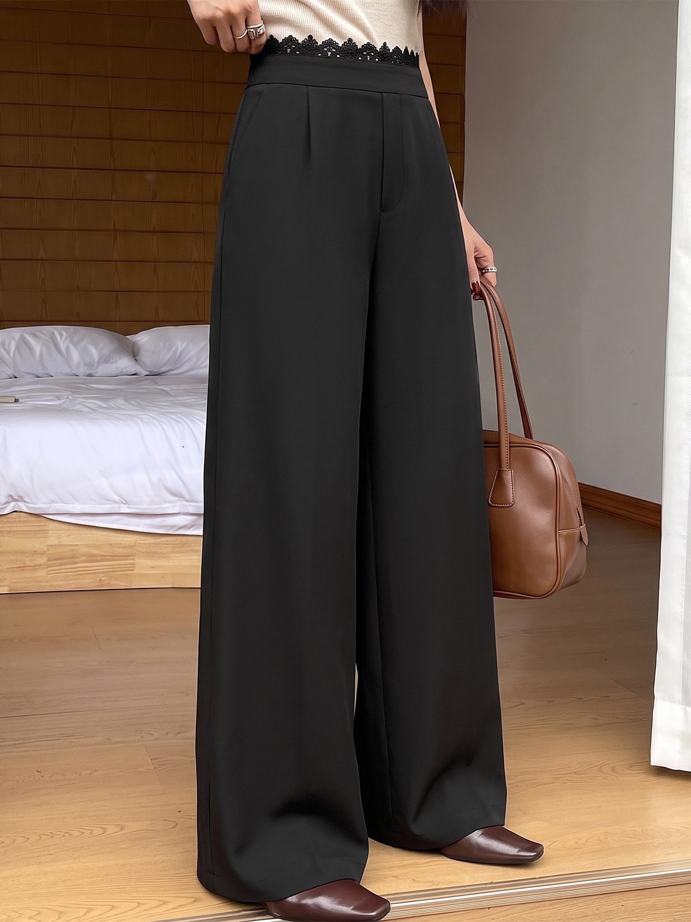Women's High Waist Lace Trim Wide Leg Trousers