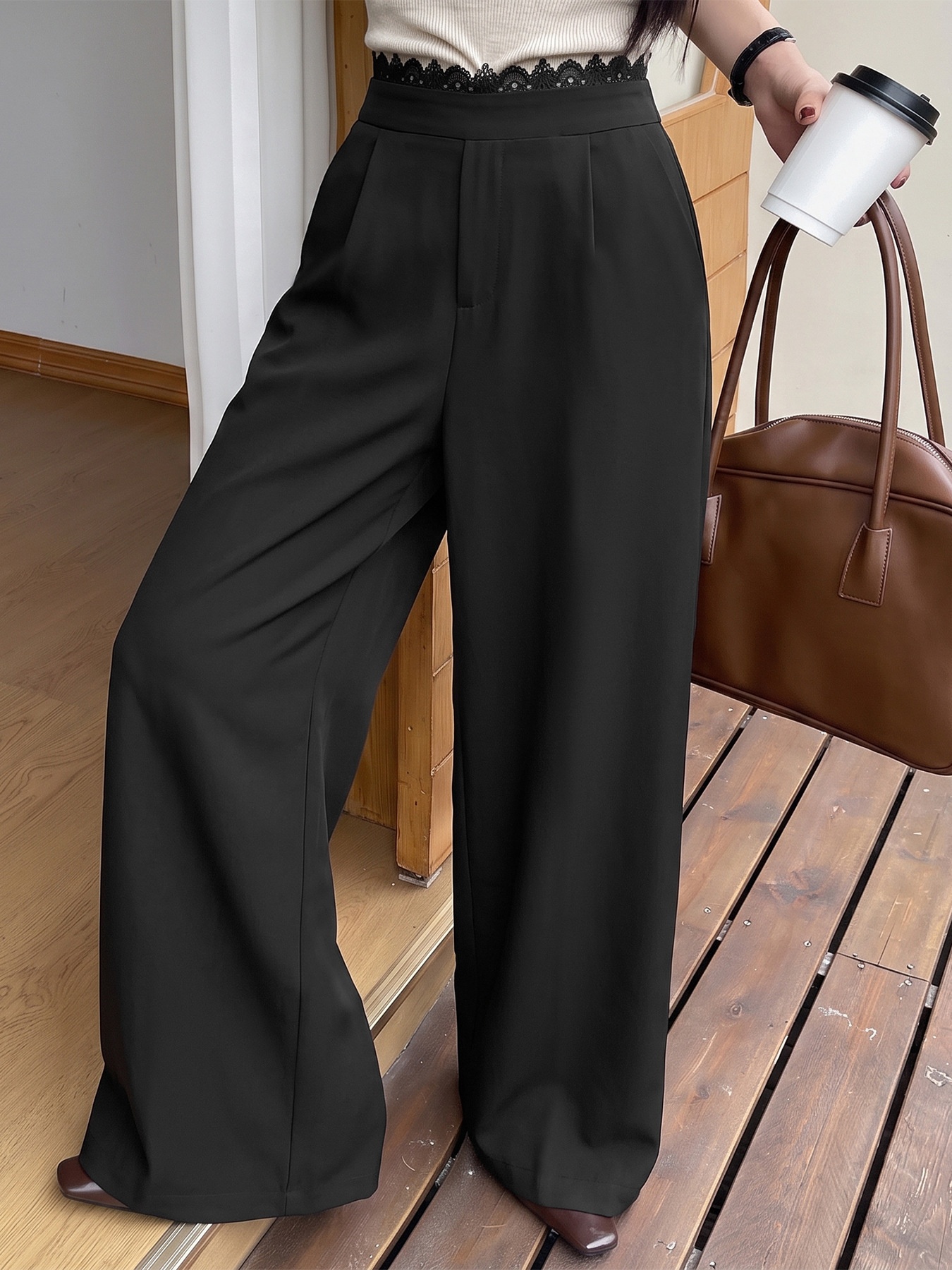 Women's High Waist Lace Trim Wide Leg Trousers