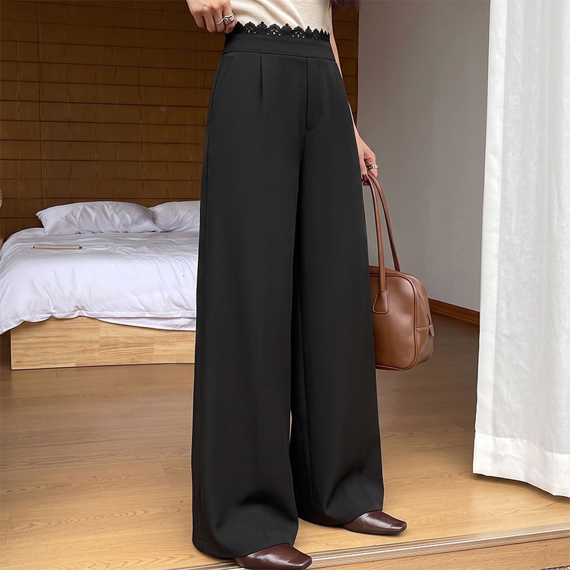 Women's High Waist Lace Trim Wide Leg Trousers