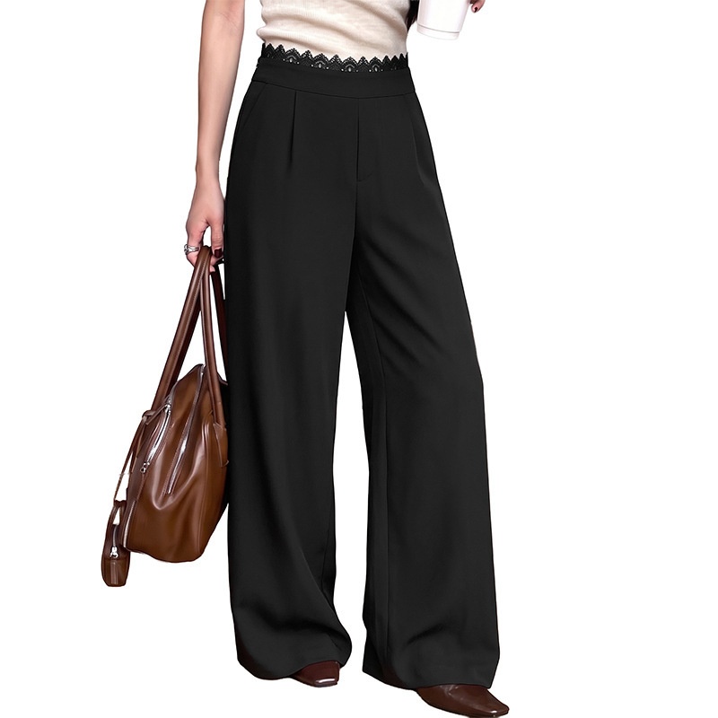 Women's High Waist Lace Trim Wide Leg Trousers