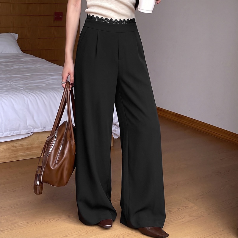 Women's High Waist Lace Trim Wide Leg Trousers